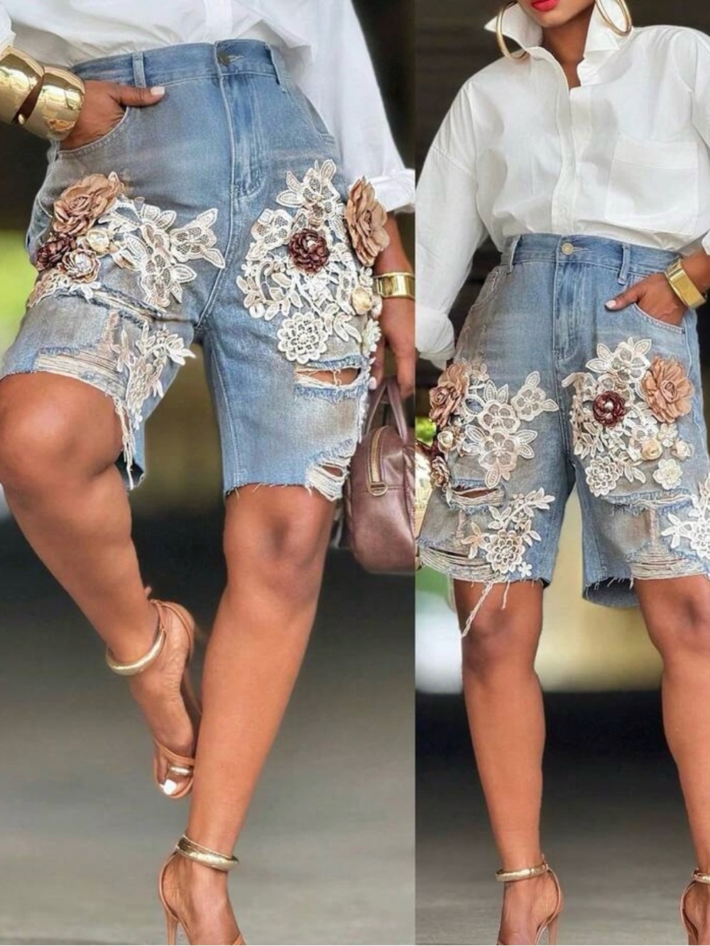 Embellished Floral Appliqué Denim Shorts - Blue - Picture 2 of 6